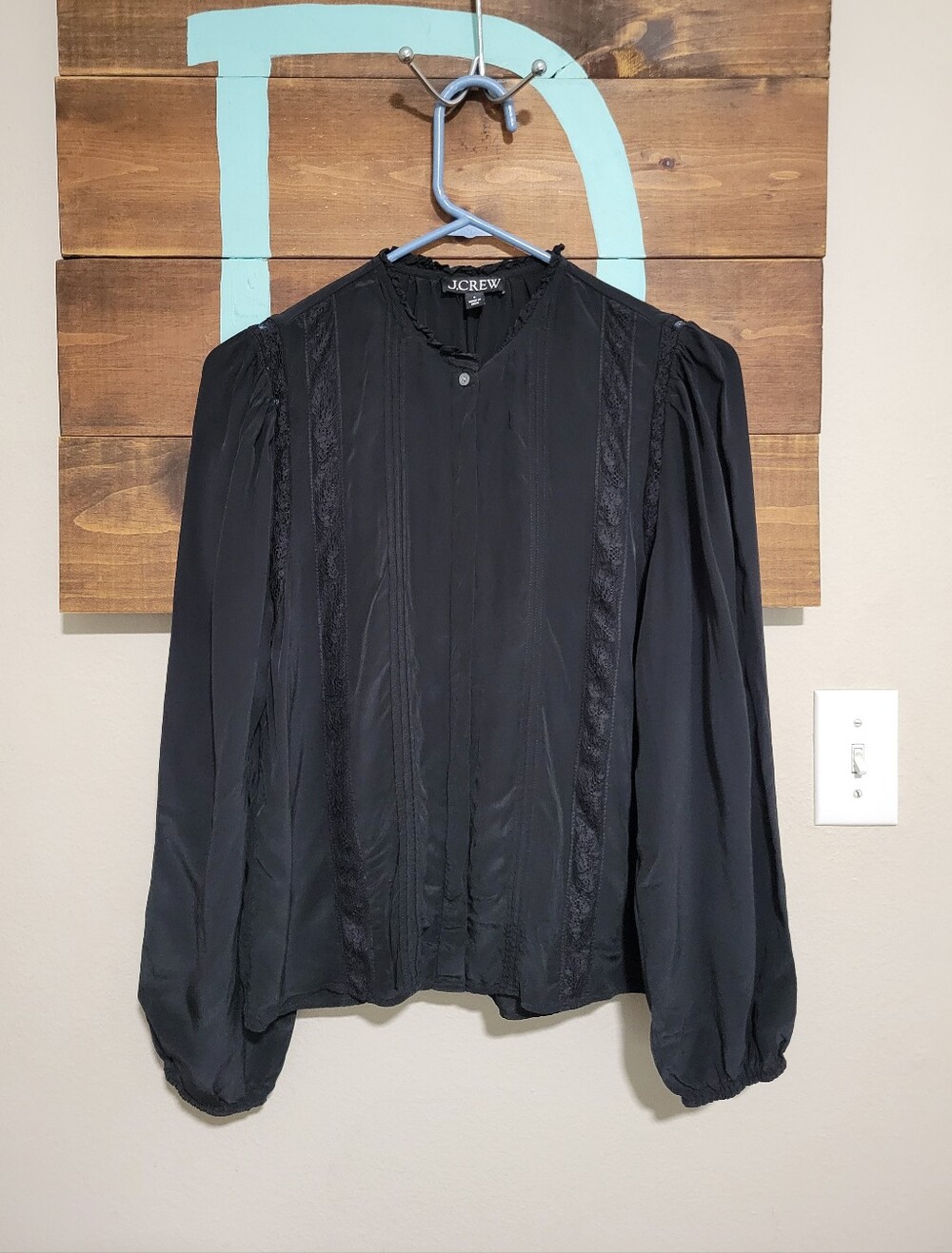 J.Crew Black Bishop Long-Sleeve Lace-Trim pintuck top size 6